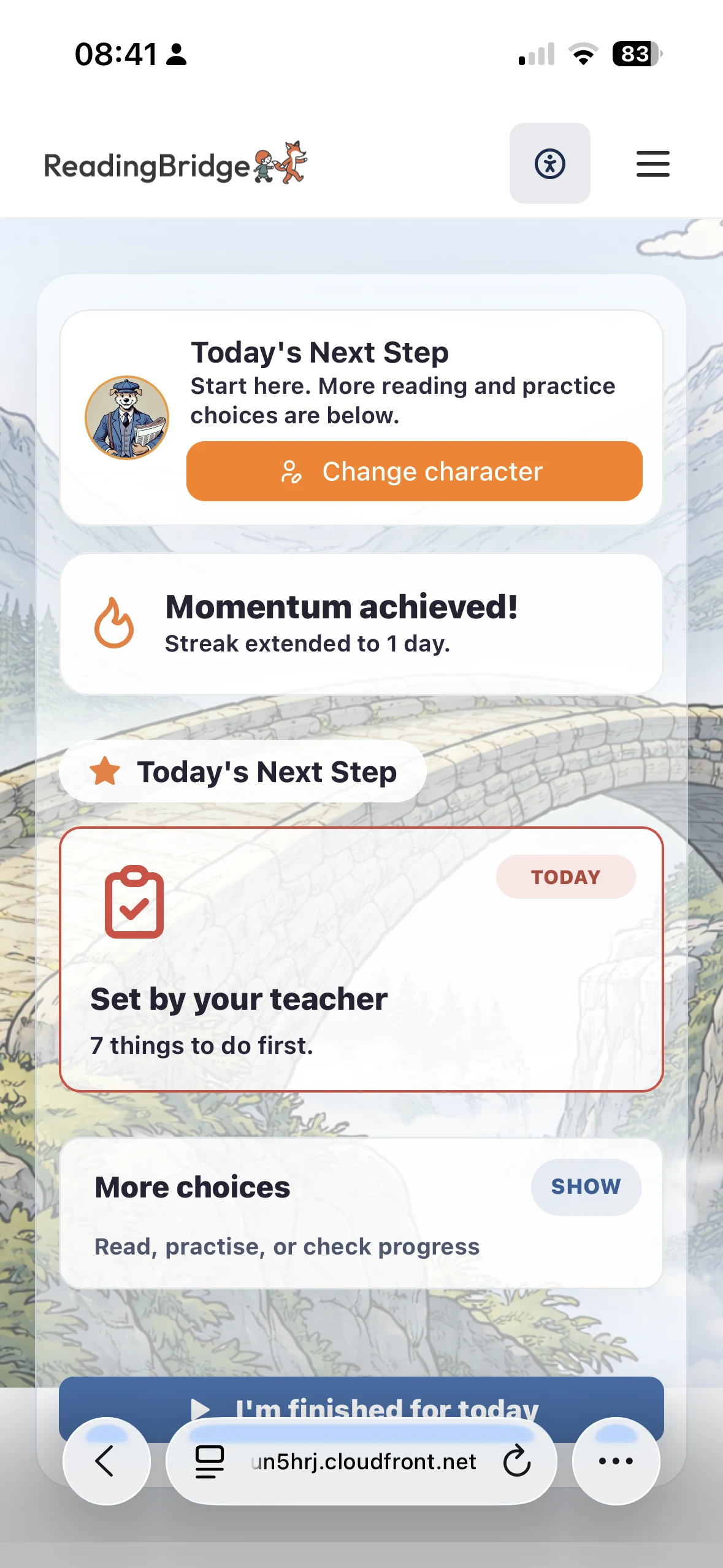 ReadingBridge child dashboard showing today's next step
